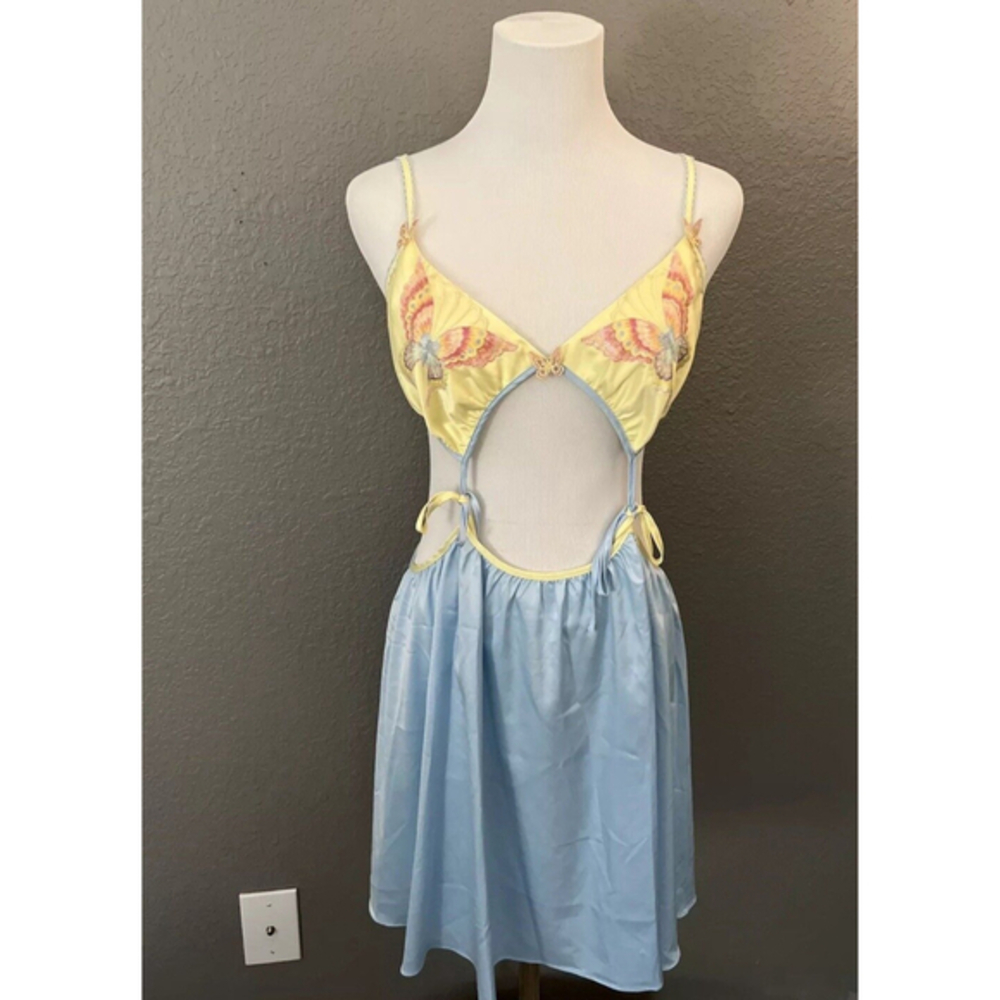 For Love and Lemons Sz L Mini‎ Dress Slip Butterfly Halter Yellow Light Blue